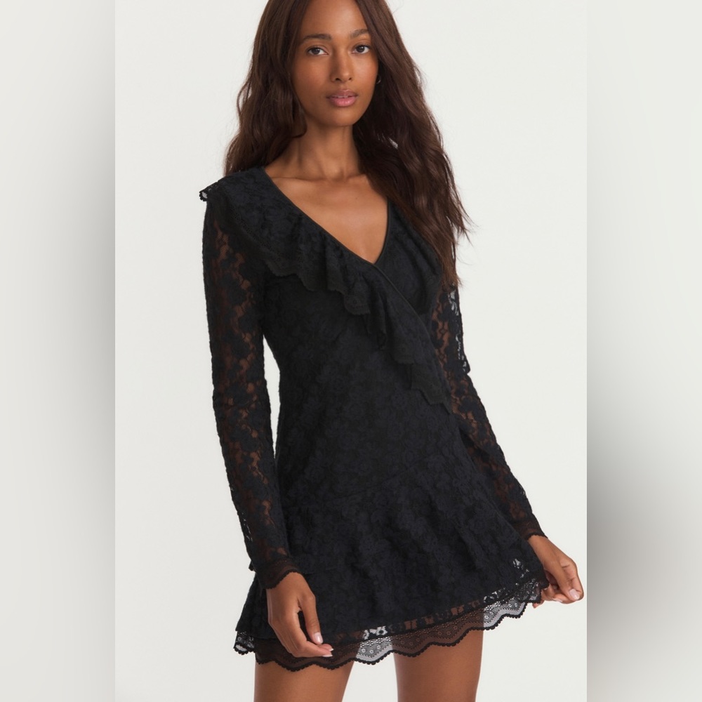 LoveShackFancy Athala Black Lace Mini Long Sleeve Dress